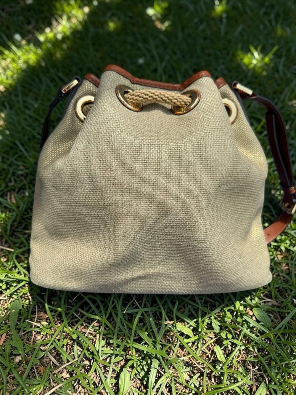Michael Kors Marina Canvas Drawstring Bucket Bag, Brown Leather - Picture 6 of 9